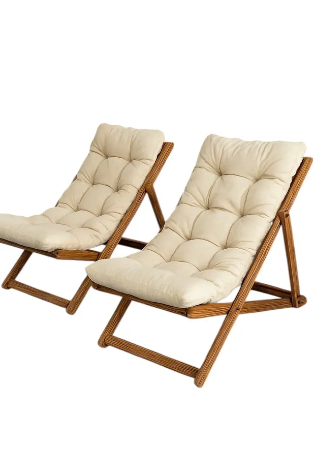 2 Adet Masif Ahşap Krem Minderli Şezlong 